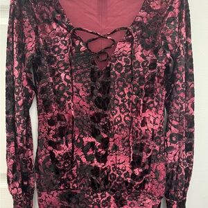VENUS Pink and Black Lace-Up Flocked Top for Fall